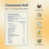 Nutrition facts label for Sip Herbals Cinnamon Roll blend showing caffeine-free, gluten-free, low sugar, and non-acidic features